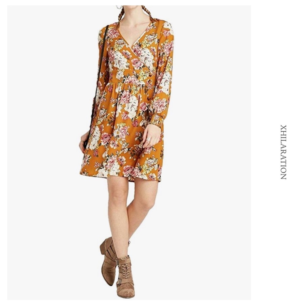 Xhilaration Women's Floral Long Sleeve V-Neck Wrap Button Down Mini Dress